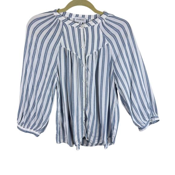 EVEREVE Blue White Striped 100% Rayon 3/4 Sleeve Light Button Up Blouse Size M - Picture 1 of 6
